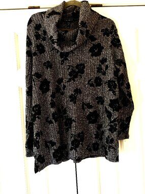 Tribal Cowl Neck  Black & Gray Knit Tunic  Sz XL